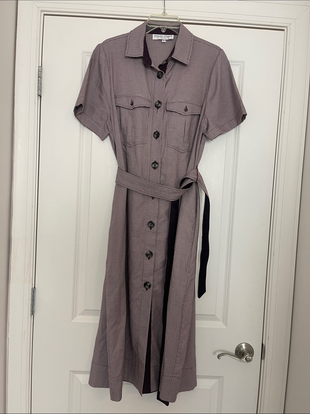 Inclan Studio Houston Phoebe  Button-Down MIDI Shirt Dress Houndstooth Pockets